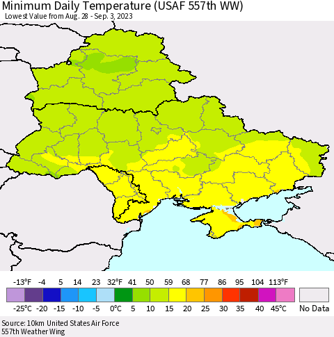 Ukraine, Moldova and Belarus Minimum Daily Temperature (USAF 557th WW) Thematic Map For 8/28/2023 - 9/3/2023