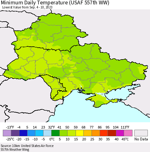 Ukraine, Moldova and Belarus Minimum Daily Temperature (USAF 557th WW) Thematic Map For 9/4/2023 - 9/10/2023