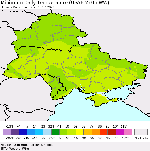 Ukraine, Moldova and Belarus Minimum Daily Temperature (USAF 557th WW) Thematic Map For 9/11/2023 - 9/17/2023