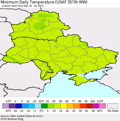 Ukraine, Moldova and Belarus Minimum Daily Temperature (USAF 557th WW) Thematic Map For 9/18/2023 - 9/24/2023