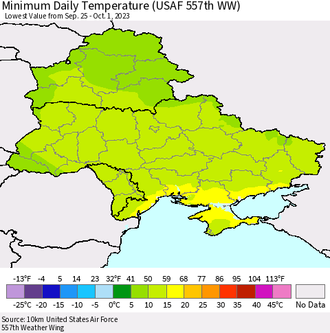 Ukraine, Moldova and Belarus Minimum Daily Temperature (USAF 557th WW) Thematic Map For 9/25/2023 - 10/1/2023