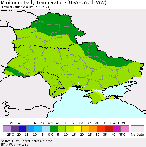 Ukraine, Moldova and Belarus Minimum Daily Temperature (USAF 557th WW) Thematic Map For 10/2/2023 - 10/8/2023