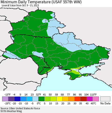 Ukraine, Moldova and Belarus Minimum Daily Temperature (USAF 557th WW) Thematic Map For 10/9/2023 - 10/15/2023