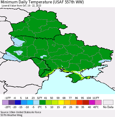 Ukraine, Moldova and Belarus Minimum Daily Temperature (USAF 557th WW) Thematic Map For 10/16/2023 - 10/22/2023