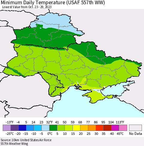 Ukraine, Moldova and Belarus Minimum Daily Temperature (USAF 557th WW) Thematic Map For 10/23/2023 - 10/29/2023
