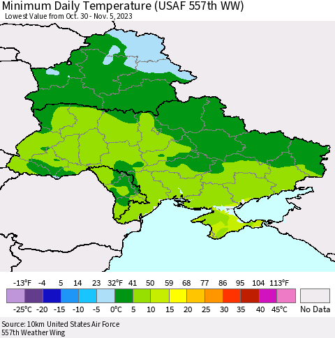 Ukraine, Moldova and Belarus Minimum Daily Temperature (USAF 557th WW) Thematic Map For 10/30/2023 - 11/5/2023