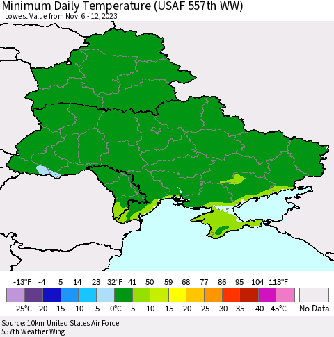 Ukraine, Moldova and Belarus Minimum Daily Temperature (USAF 557th WW) Thematic Map For 11/6/2023 - 11/12/2023