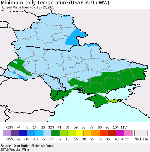 Ukraine, Moldova and Belarus Minimum Daily Temperature (USAF 557th WW) Thematic Map For 11/13/2023 - 11/19/2023