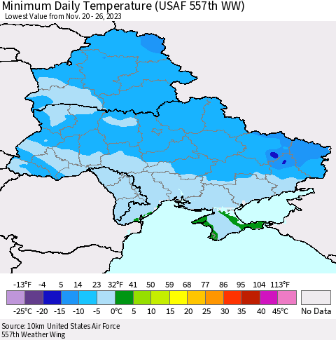 Ukraine, Moldova and Belarus Minimum Daily Temperature (USAF 557th WW) Thematic Map For 11/20/2023 - 11/26/2023