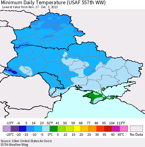 Ukraine, Moldova and Belarus Minimum Daily Temperature (USAF 557th WW) Thematic Map For 11/27/2023 - 12/3/2023