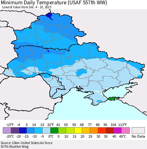 Ukraine, Moldova and Belarus Minimum Daily Temperature (USAF 557th WW) Thematic Map For 12/4/2023 - 12/10/2023