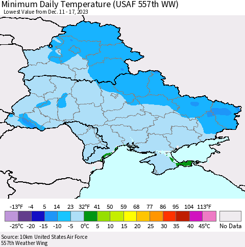 Ukraine, Moldova and Belarus Minimum Daily Temperature (USAF 557th WW) Thematic Map For 12/11/2023 - 12/17/2023