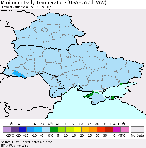Ukraine, Moldova and Belarus Minimum Daily Temperature (USAF 557th WW) Thematic Map For 12/18/2023 - 12/24/2023
