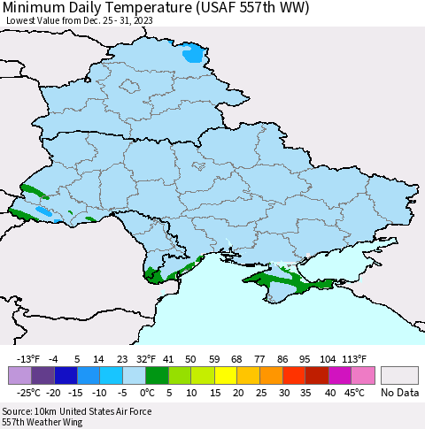 Ukraine, Moldova and Belarus Minimum Daily Temperature (USAF 557th WW) Thematic Map For 12/25/2023 - 12/31/2023