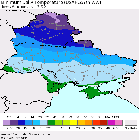 Ukraine, Moldova and Belarus Minimum Daily Temperature (USAF 557th WW) Thematic Map For 1/1/2024 - 1/7/2024