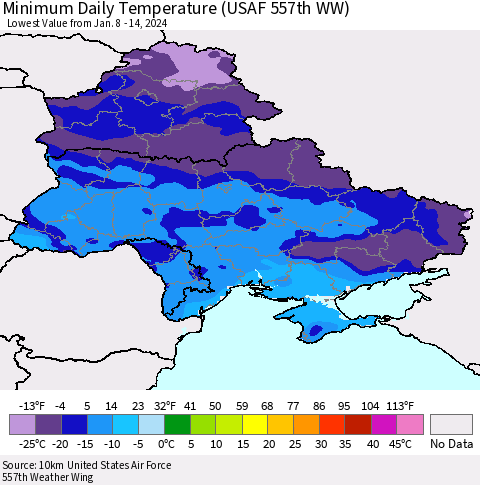 Ukraine, Moldova and Belarus Minimum Daily Temperature (USAF 557th WW) Thematic Map For 1/8/2024 - 1/14/2024