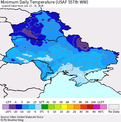 Ukraine, Moldova and Belarus Minimum Daily Temperature (USAF 557th WW) Thematic Map For 1/15/2024 - 1/21/2024