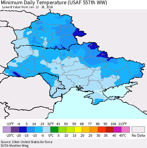 Ukraine, Moldova and Belarus Minimum Daily Temperature (USAF 557th WW) Thematic Map For 1/22/2024 - 1/28/2024