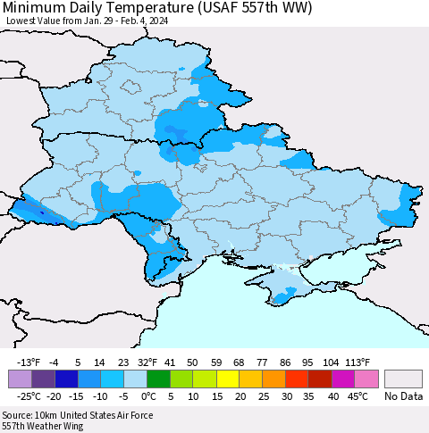 Ukraine, Moldova and Belarus Minimum Daily Temperature (USAF 557th WW) Thematic Map For 1/29/2024 - 2/4/2024