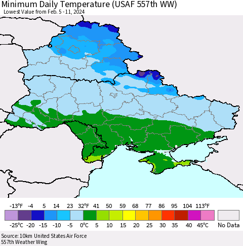Ukraine, Moldova and Belarus Minimum Daily Temperature (USAF 557th WW) Thematic Map For 2/5/2024 - 2/11/2024