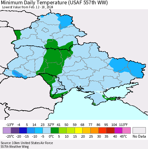 Ukraine, Moldova and Belarus Minimum Daily Temperature (USAF 557th WW) Thematic Map For 2/12/2024 - 2/18/2024