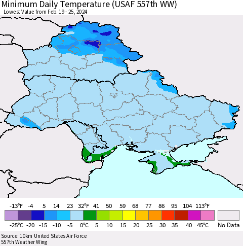 Ukraine, Moldova and Belarus Minimum Daily Temperature (USAF 557th WW) Thematic Map For 2/19/2024 - 2/25/2024
