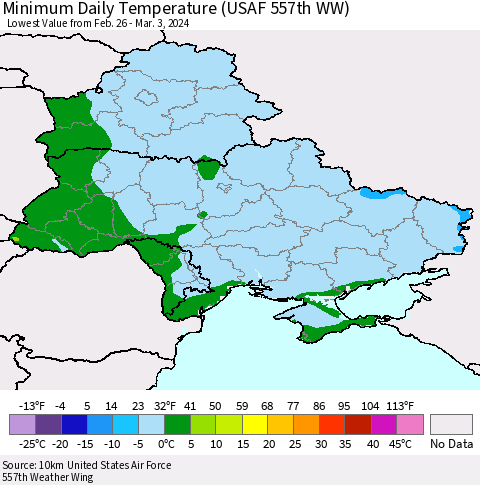 Ukraine, Moldova and Belarus Minimum Daily Temperature (USAF 557th WW) Thematic Map For 2/26/2024 - 3/3/2024