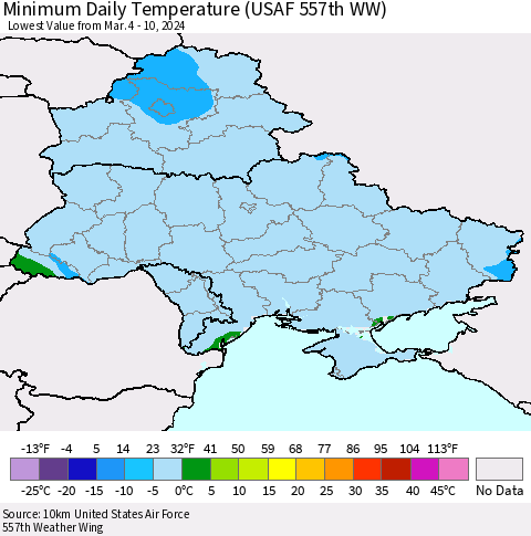 Ukraine, Moldova and Belarus Minimum Daily Temperature (USAF 557th WW) Thematic Map For 3/4/2024 - 3/10/2024