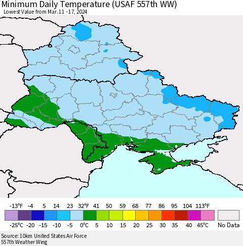 Ukraine, Moldova and Belarus Minimum Daily Temperature (USAF 557th WW) Thematic Map For 3/11/2024 - 3/17/2024