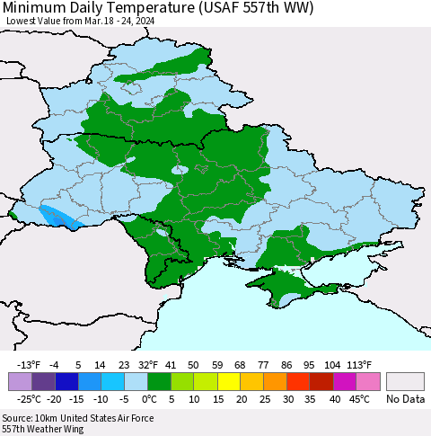 Ukraine, Moldova and Belarus Minimum Daily Temperature (USAF 557th WW) Thematic Map For 3/18/2024 - 3/24/2024