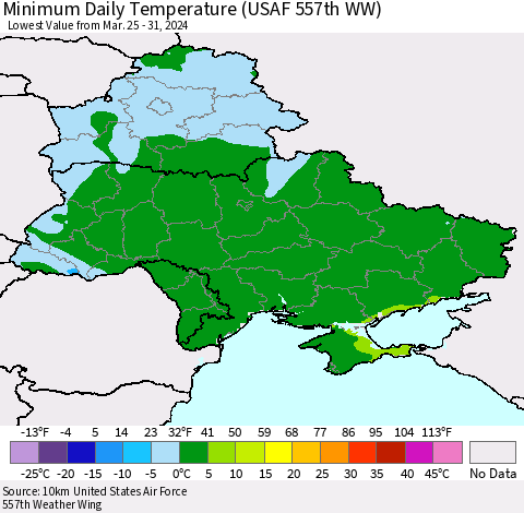 Ukraine, Moldova and Belarus Minimum Daily Temperature (USAF 557th WW) Thematic Map For 3/25/2024 - 3/31/2024