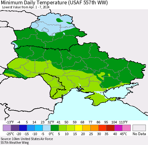 Ukraine, Moldova and Belarus Minimum Daily Temperature (USAF 557th WW) Thematic Map For 4/1/2024 - 4/7/2024