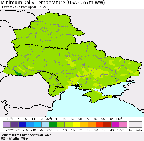 Ukraine, Moldova and Belarus Minimum Daily Temperature (USAF 557th WW) Thematic Map For 4/8/2024 - 4/14/2024