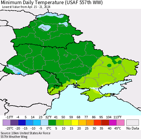 Ukraine, Moldova and Belarus Minimum Daily Temperature (USAF 557th WW) Thematic Map For 4/15/2024 - 4/21/2024