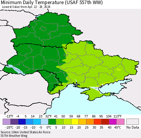 Ukraine, Moldova and Belarus Minimum Daily Temperature (USAF 557th WW) Thematic Map For 4/22/2024 - 4/28/2024