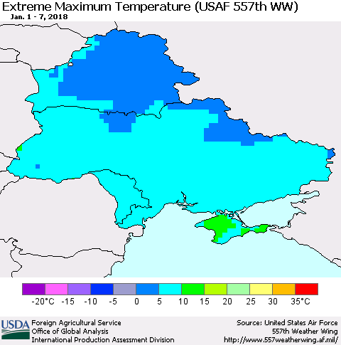 Ukraine, Moldova and Belarus Maximum Daily Temperature (USAF 557th WW) Thematic Map For 1/1/2018 - 1/7/2018