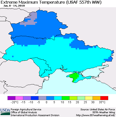 Ukraine, Moldova and Belarus Maximum Daily Temperature (USAF 557th WW) Thematic Map For 1/8/2018 - 1/14/2018
