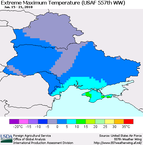 Ukraine, Moldova and Belarus Maximum Daily Temperature (USAF 557th WW) Thematic Map For 1/15/2018 - 1/21/2018