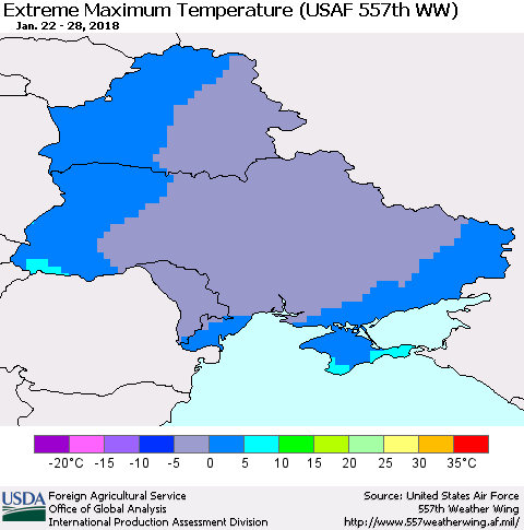 Ukraine, Moldova and Belarus Maximum Daily Temperature (USAF 557th WW) Thematic Map For 1/22/2018 - 1/28/2018