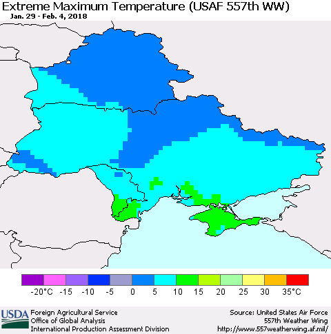 Ukraine, Moldova and Belarus Maximum Daily Temperature (USAF 557th WW) Thematic Map For 1/29/2018 - 2/4/2018