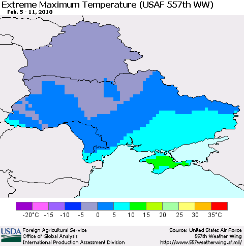 Ukraine, Moldova and Belarus Maximum Daily Temperature (USAF 557th WW) Thematic Map For 2/5/2018 - 2/11/2018