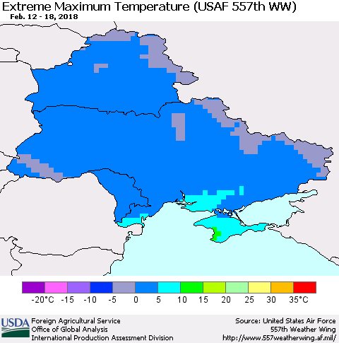 Ukraine, Moldova and Belarus Maximum Daily Temperature (USAF 557th WW) Thematic Map For 2/12/2018 - 2/18/2018