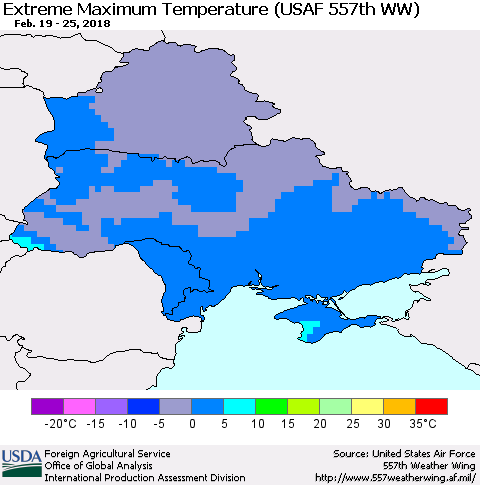 Ukraine, Moldova and Belarus Maximum Daily Temperature (USAF 557th WW) Thematic Map For 2/19/2018 - 2/25/2018
