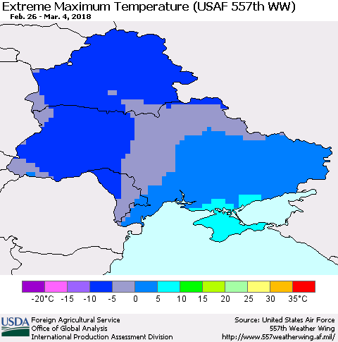 Ukraine, Moldova and Belarus Maximum Daily Temperature (USAF 557th WW) Thematic Map For 2/26/2018 - 3/4/2018