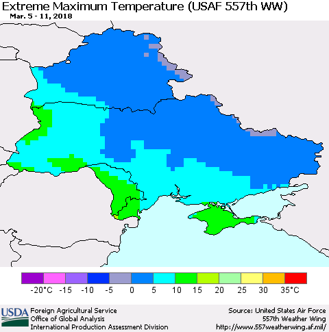 Ukraine, Moldova and Belarus Maximum Daily Temperature (USAF 557th WW) Thematic Map For 3/5/2018 - 3/11/2018