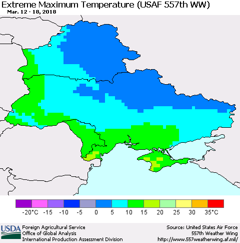 Ukraine, Moldova and Belarus Maximum Daily Temperature (USAF 557th WW) Thematic Map For 3/12/2018 - 3/18/2018