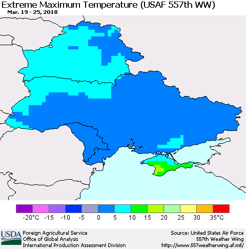 Ukraine, Moldova and Belarus Maximum Daily Temperature (USAF 557th WW) Thematic Map For 3/19/2018 - 3/25/2018