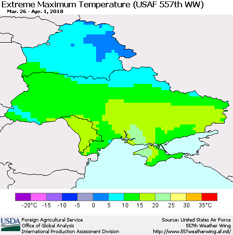 Ukraine, Moldova and Belarus Maximum Daily Temperature (USAF 557th WW) Thematic Map For 3/26/2018 - 4/1/2018