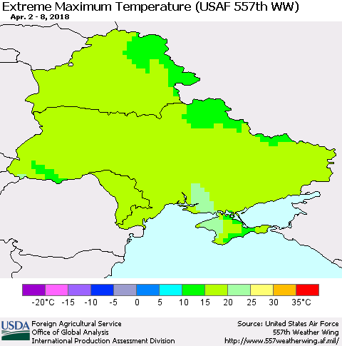 Ukraine, Moldova and Belarus Maximum Daily Temperature (USAF 557th WW) Thematic Map For 4/2/2018 - 4/8/2018