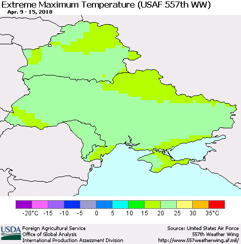 Ukraine, Moldova and Belarus Maximum Daily Temperature (USAF 557th WW) Thematic Map For 4/9/2018 - 4/15/2018